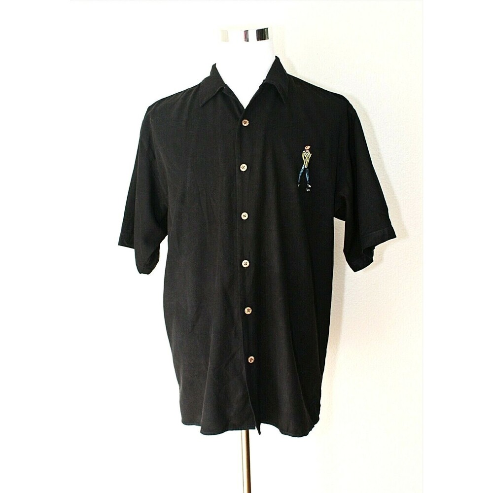 BOBBY CHAN Silk Summer Shirt Sz. L SS Black Embroidered Golfers City Casual #04